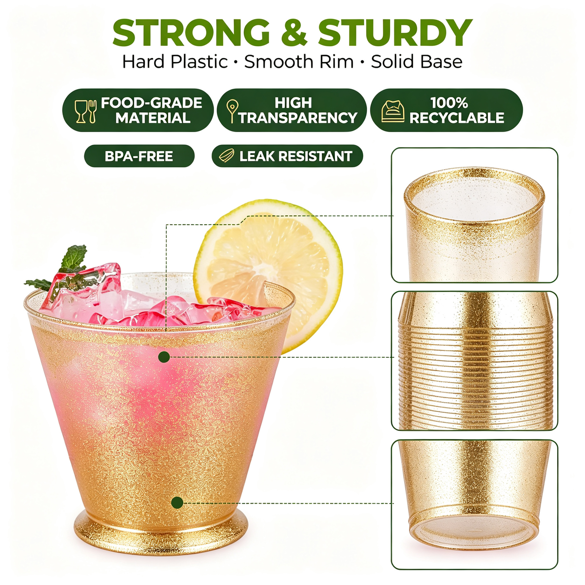 100-Pack 9oz Gold Glitter Disposable Plastic Tumbler Cups, Premium Heavy-Duty Party Drinkware for Cocktails & Cold Beverages