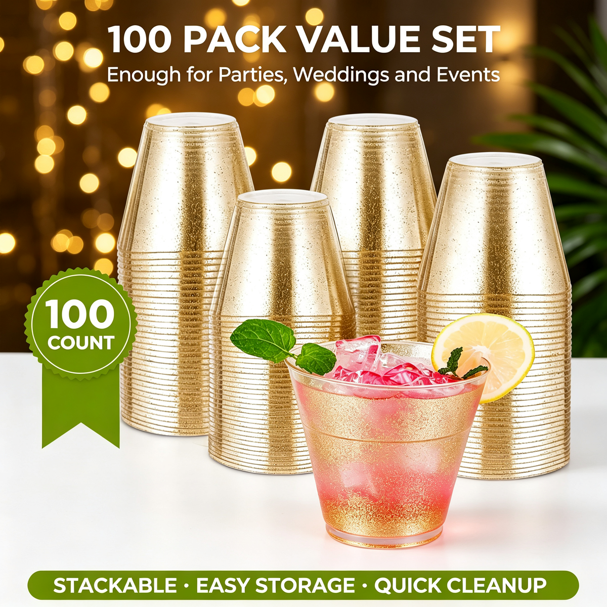 100-Pack 9oz Gold Glitter Disposable Plastic Tumbler Cups, Premium Heavy-Duty Party Drinkware for Cocktails & Cold Beverages