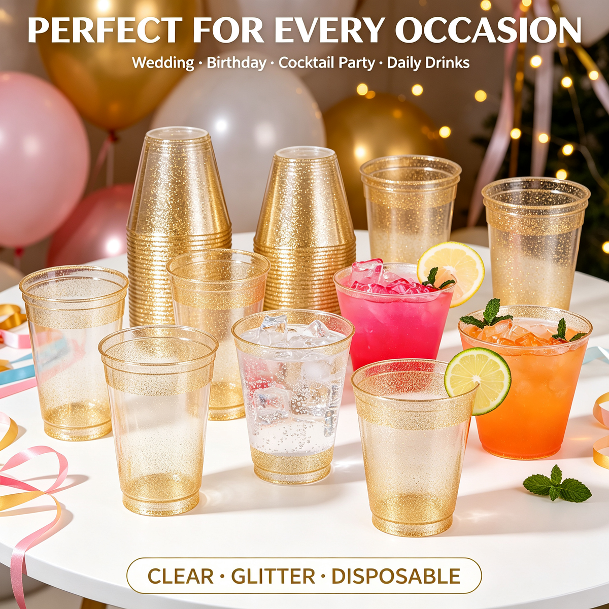 100-Pack 9oz Gold Glitter Disposable Plastic Tumbler Cups, Premium Heavy-Duty Party Drinkware for Cocktails & Cold Beverages