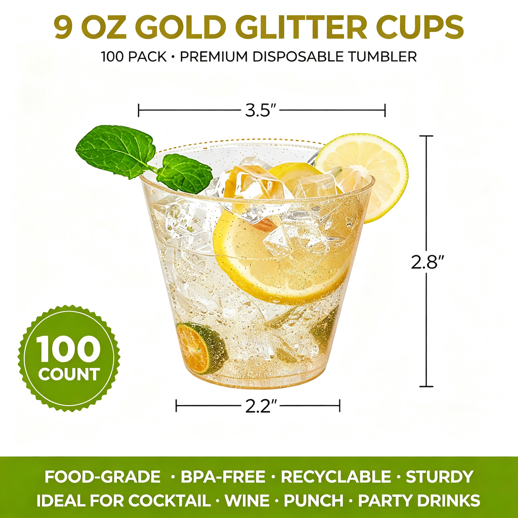 100-Pack 9oz Gold Glitter Disposable Plastic Tumbler Cups, Premium Heavy-Duty Party Drinkware for Cocktails & Cold Beverages