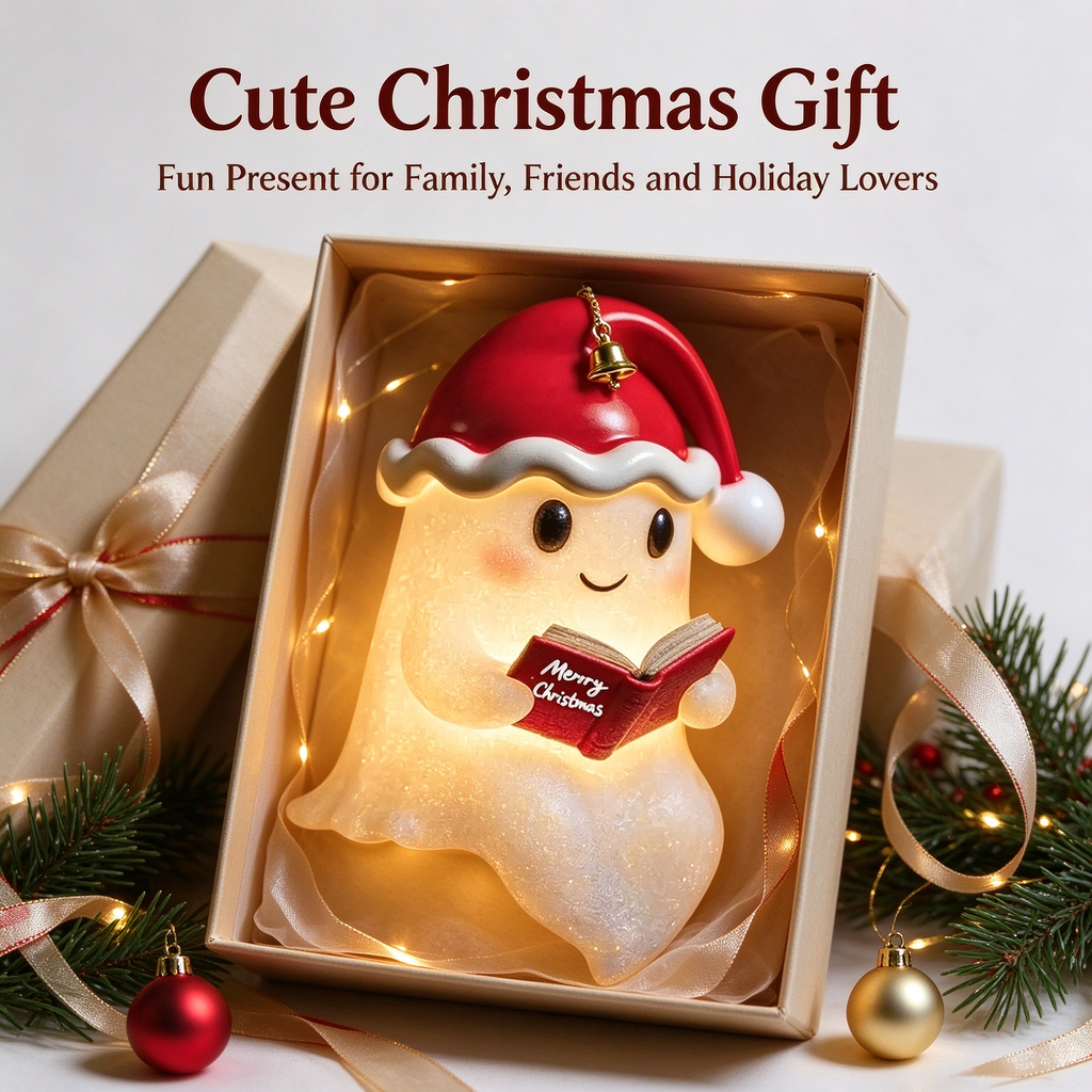 Ghost Reading Book LED Night Light with Christmas Hat, Resin Light-Up Figurine, Indoor Seasonal Tabletop Decor for Mantel, Shelf & Bedroom