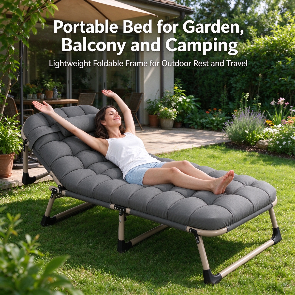 Heavy Duty Folding Camping Bed with Flip-Up Mattress Included, Portable Guest Bed for Adults & Teens, Travel Garden Balcony Camping Cot