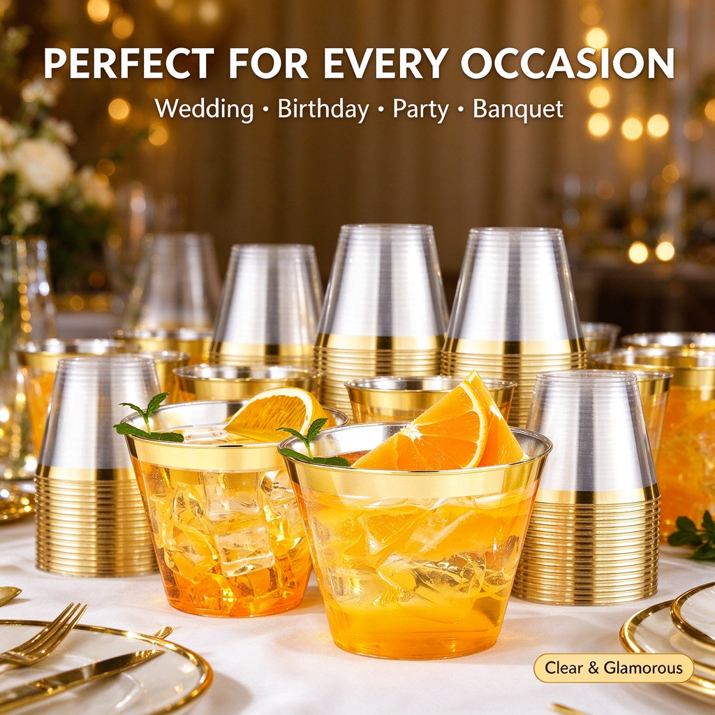 100-Pack 9oz Heavy-Duty Disposable Plastic Tumbler Cups, Clear Party Cups with Elegant Gold Rim for Wedding, Birthday & Holiday Events