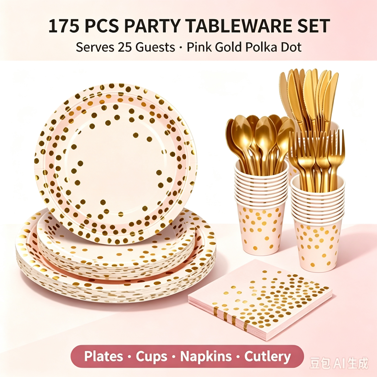 175-Piece Pink & Gold Foil Polka Dot Disposable Party Tableware Set, Paper Plates, 9oz Cups, Napkins & Gold Cutlery, Serves 25 Guests