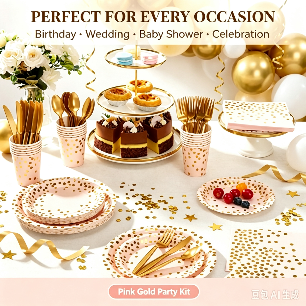 175-Piece Pink & Gold Foil Polka Dot Disposable Party Tableware Set, Paper Plates, 9oz Cups, Napkins & Gold Cutlery, Serves 25 Guests