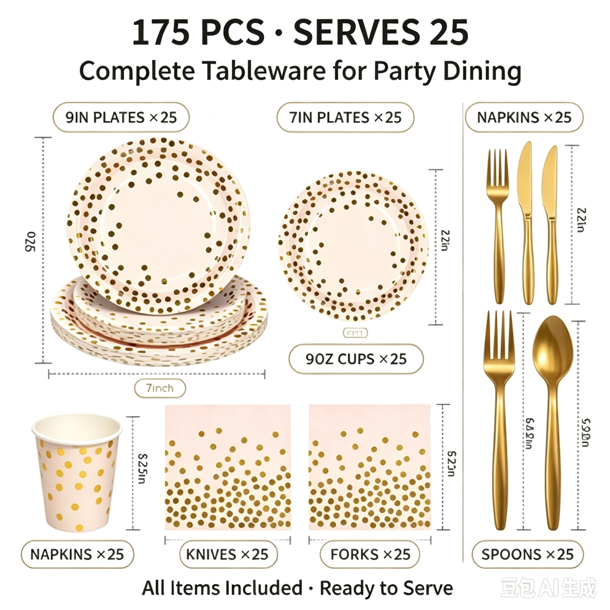 175-Piece Pink & Gold Foil Polka Dot Disposable Party Tableware Set, Paper Plates, 9oz Cups, Napkins & Gold Cutlery, Serves 25 Guests