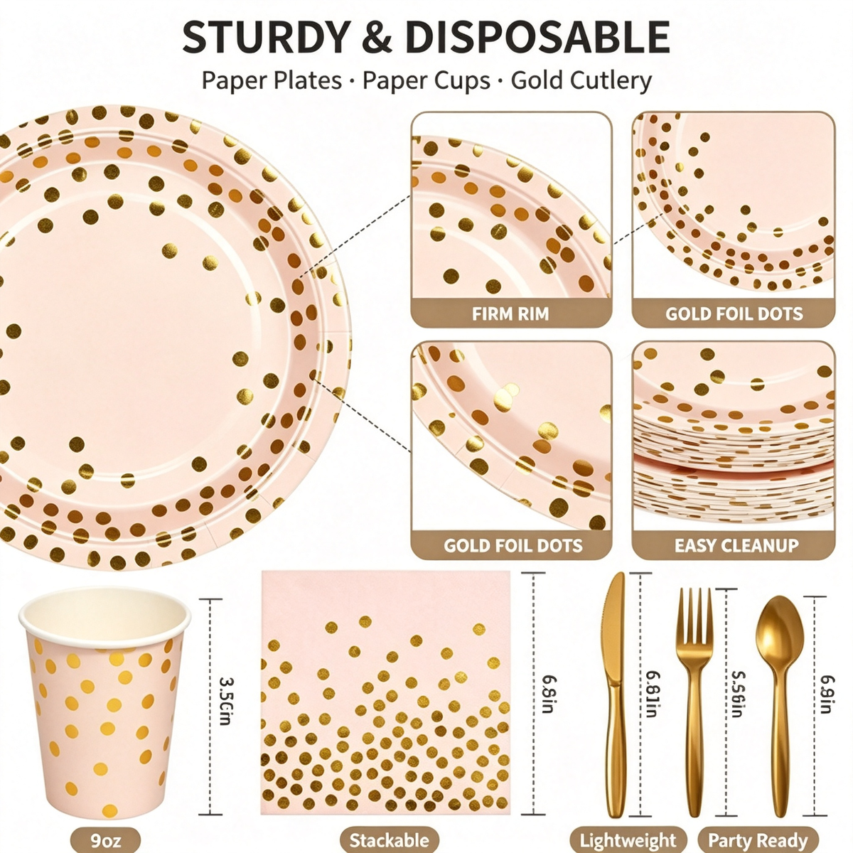175-Piece Pink & Gold Foil Polka Dot Disposable Party Tableware Set, Paper Plates, 9oz Cups, Napkins & Gold Cutlery, Serves 25 Guests