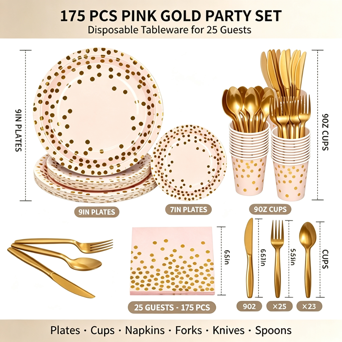175-Piece Pink & Gold Foil Polka Dot Disposable Party Tableware Set, Paper Plates, 9oz Cups, Napkins & Gold Cutlery, Serves 25 Guests