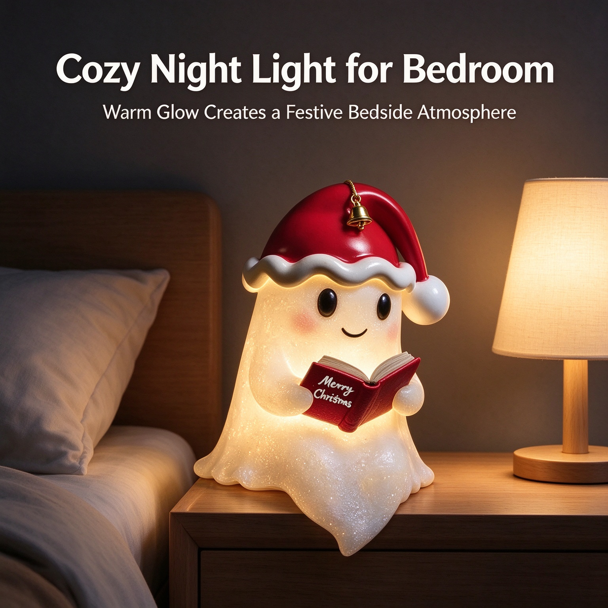Ghost Reading Book LED Night Light with Christmas Hat, Resin Light-Up Figurine, Indoor Seasonal Tabletop Decor for Mantel, Shelf & Bedroom