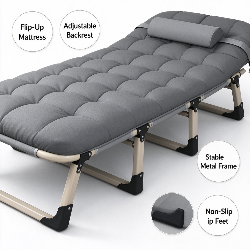 Heavy Duty Folding Camping Bed with Flip-Up Mattress Included, Portable Guest Bed for Adults & Teens, Travel Garden Balcony Camping Cot