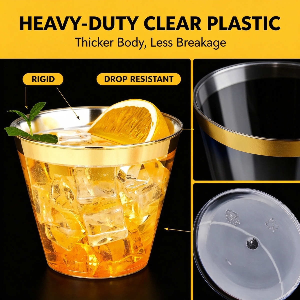 100-Pack 9oz Heavy-Duty Disposable Plastic Tumbler Cups, Clear Party Cups with Elegant Gold Rim for Wedding, Birthday & Holiday Events