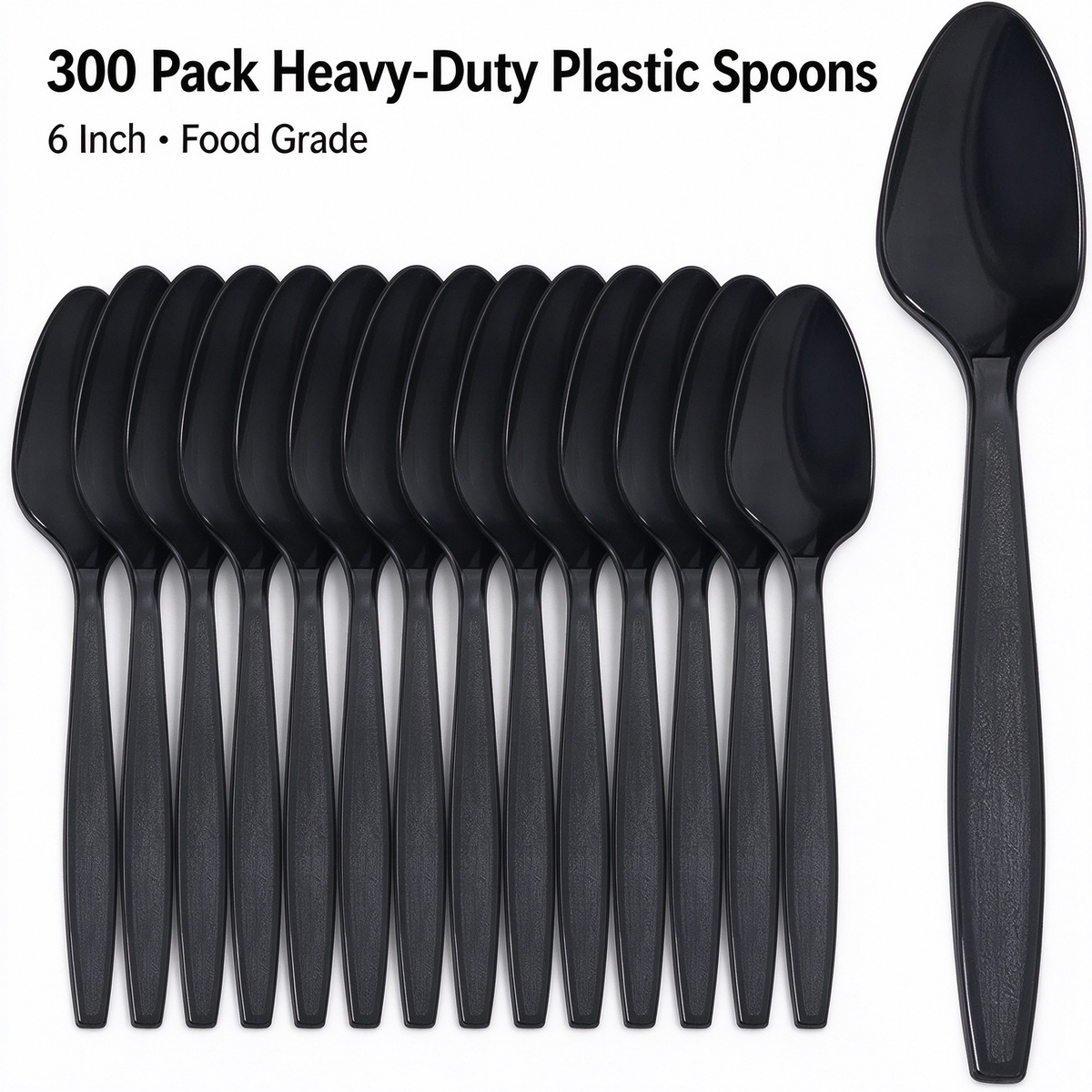 300‑Count Heavy‑Duty Black Disposable Plastic Spoons Bulk, 6‑Inch Heat‑Resistant Flatware for Hot & Cold Food, Party & Event Utensils
