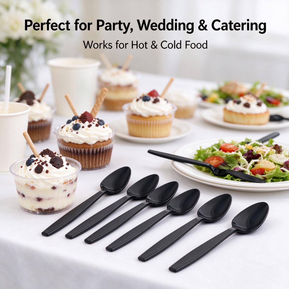 300‑Count Heavy‑Duty Black Disposable Plastic Spoons Bulk, 6‑Inch Heat‑Resistant Flatware for Hot & Cold Food, Party & Event Utensils