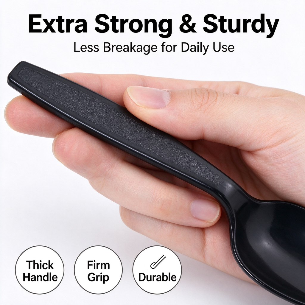 300‑Count Heavy‑Duty Black Disposable Plastic Spoons Bulk, 6‑Inch Heat‑Resistant Flatware for Hot & Cold Food, Party & Event Utensils