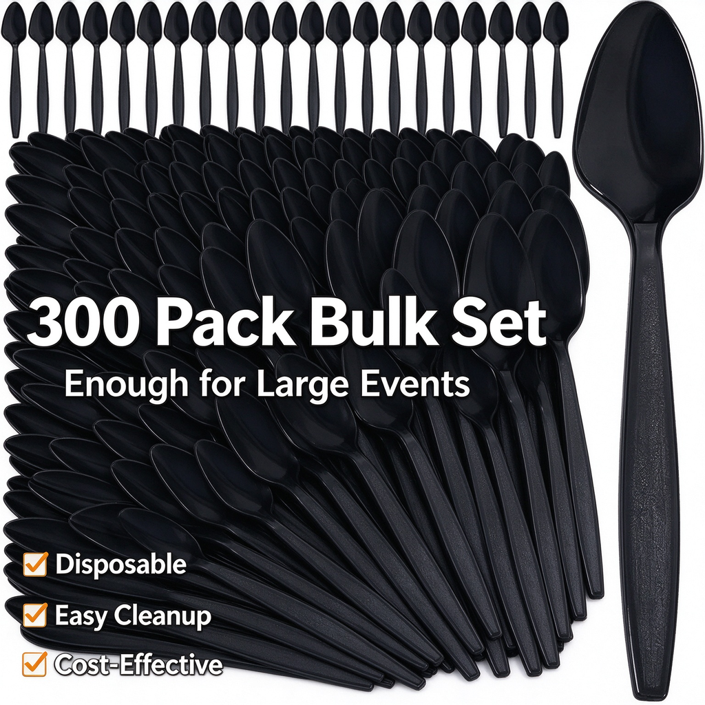 300‑Count Heavy‑Duty Black Disposable Plastic Spoons Bulk, 6‑Inch Heat‑Resistant Flatware for Hot & Cold Food, Party & Event Utensils