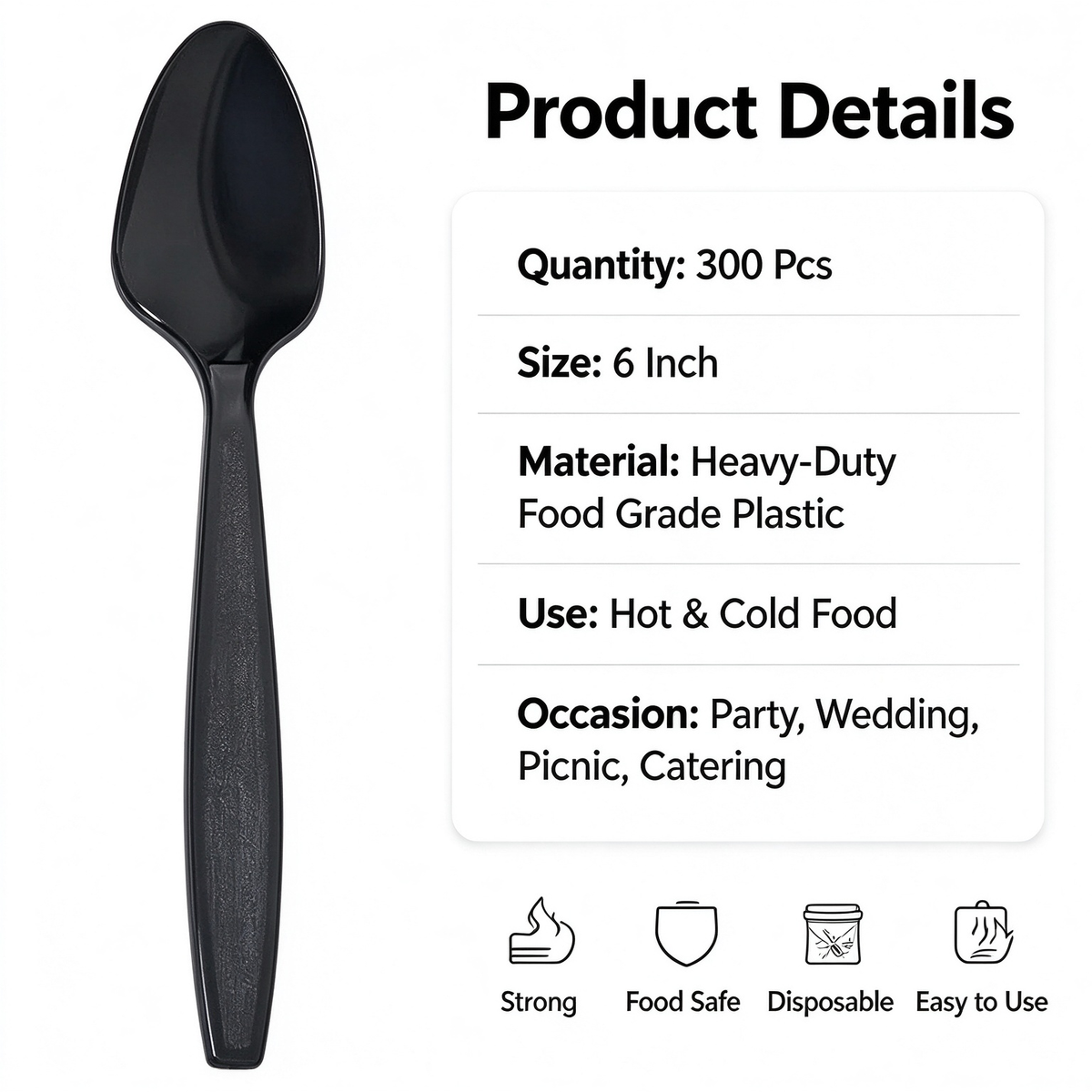 300‑Count Heavy‑Duty Black Disposable Plastic Spoons Bulk, 6‑Inch Heat‑Resistant Flatware for Hot & Cold Food, Party & Event Utensils