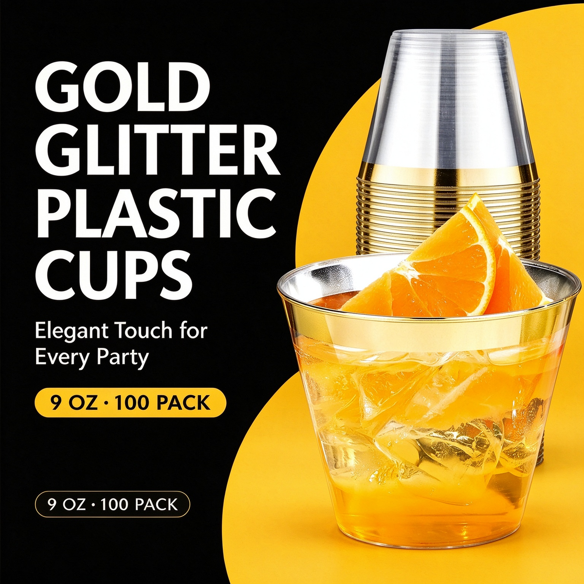 100-Pack 9oz Heavy-Duty Disposable Plastic Tumbler Cups, Clear Party Cups with Elegant Gold Rim for Wedding, Birthday & Holiday Events