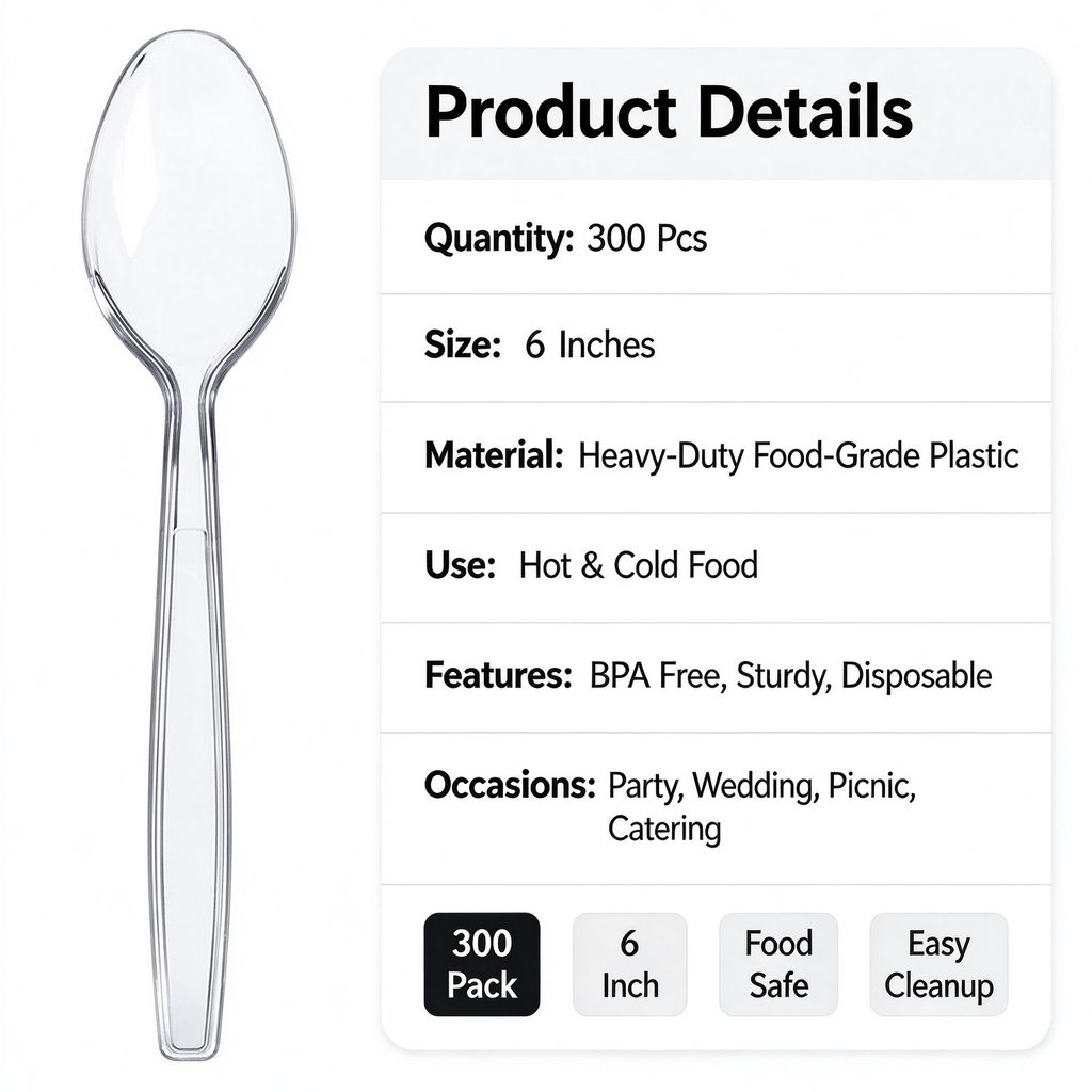 300‑Count Heavy‑Duty White Disposable Plastic Spoons Bulk, 6‑Inch Heat‑Resistant Flatware for Hot & Cold Food, Party & Event Utensils