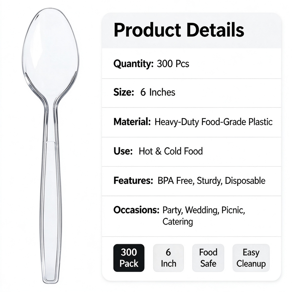 300‑Count Heavy‑Duty White Disposable Plastic Spoons Bulk, 6‑Inch Heat‑Resistant Flatware for Hot & Cold Food, Party & Event Utensils