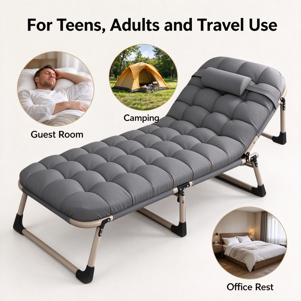 Heavy Duty Folding Camping Bed with Flip-Up Mattress Included, Portable Guest Bed for Adults & Teens, Travel Garden Balcony Camping Cot