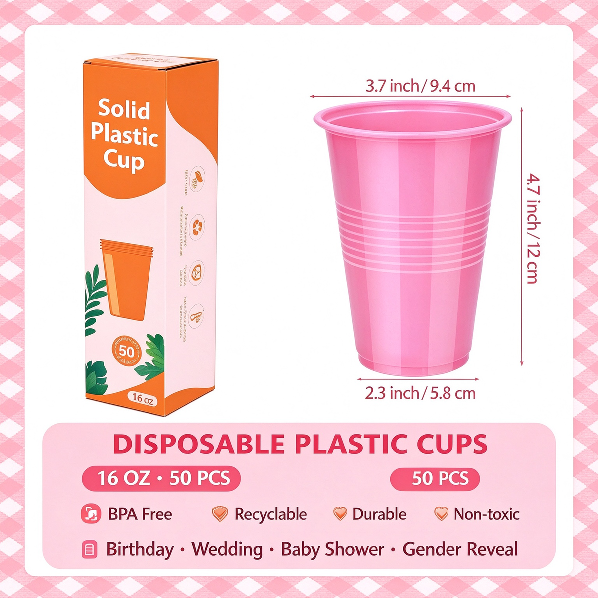 50-Pack 16oz Solid Pink Disposable Plastic Drinking Cups, Heavy Duty Party Drinkware for Birthday, Wedding, Baby Shower & Gender Reveal Parties