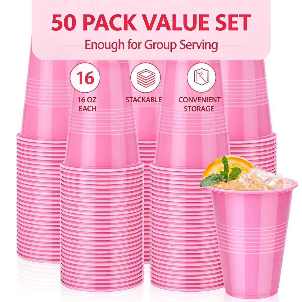 50-Pack 16oz Solid Pink Disposable Plastic Drinking Cups, Heavy Duty Party Drinkware for Birthday, Wedding, Baby Shower & Gender Reveal Parties