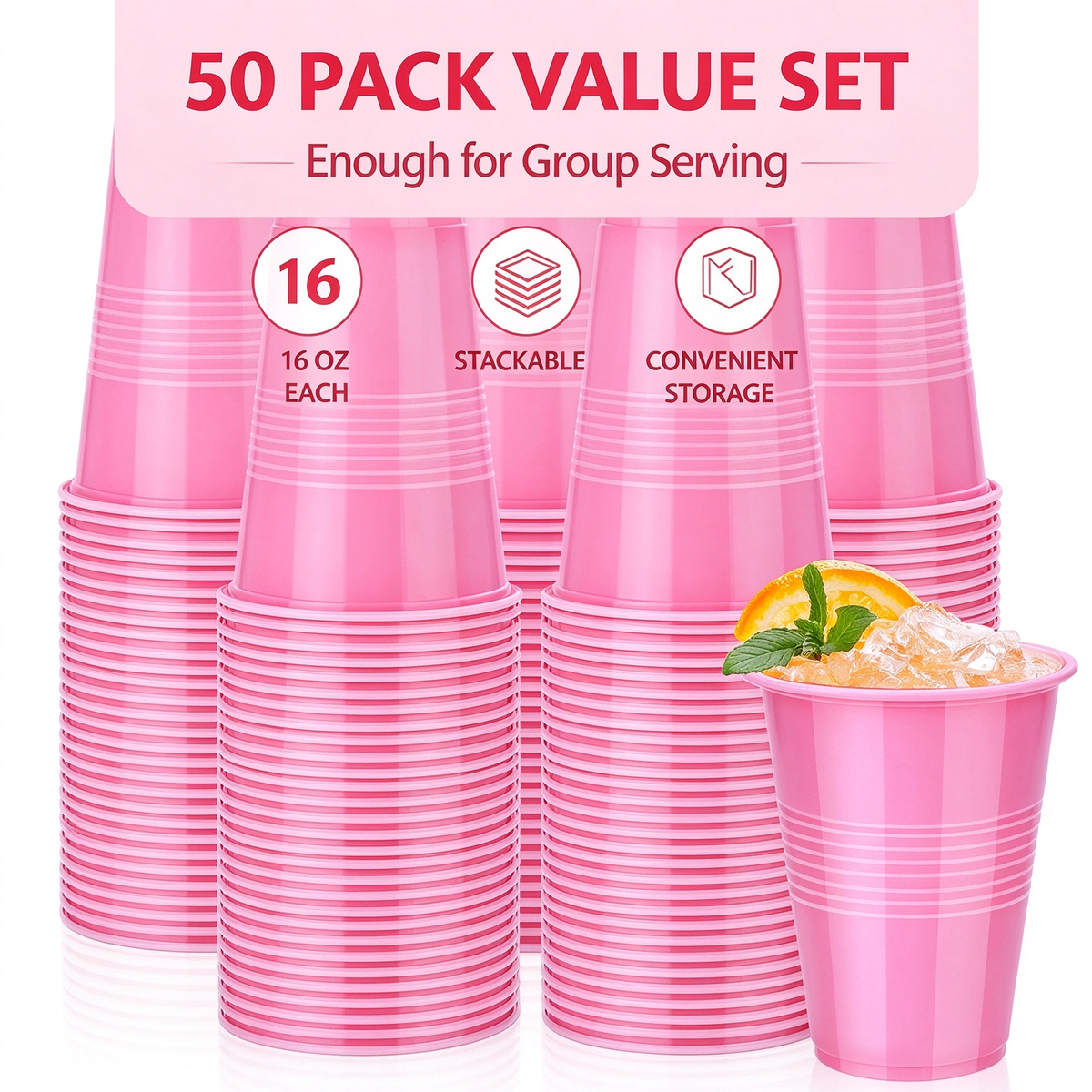 50-Pack 16oz Solid Pink Disposable Plastic Drinking Cups, Heavy Duty Party Drinkware for Birthday, Wedding, Baby Shower & Gender Reveal Parties
