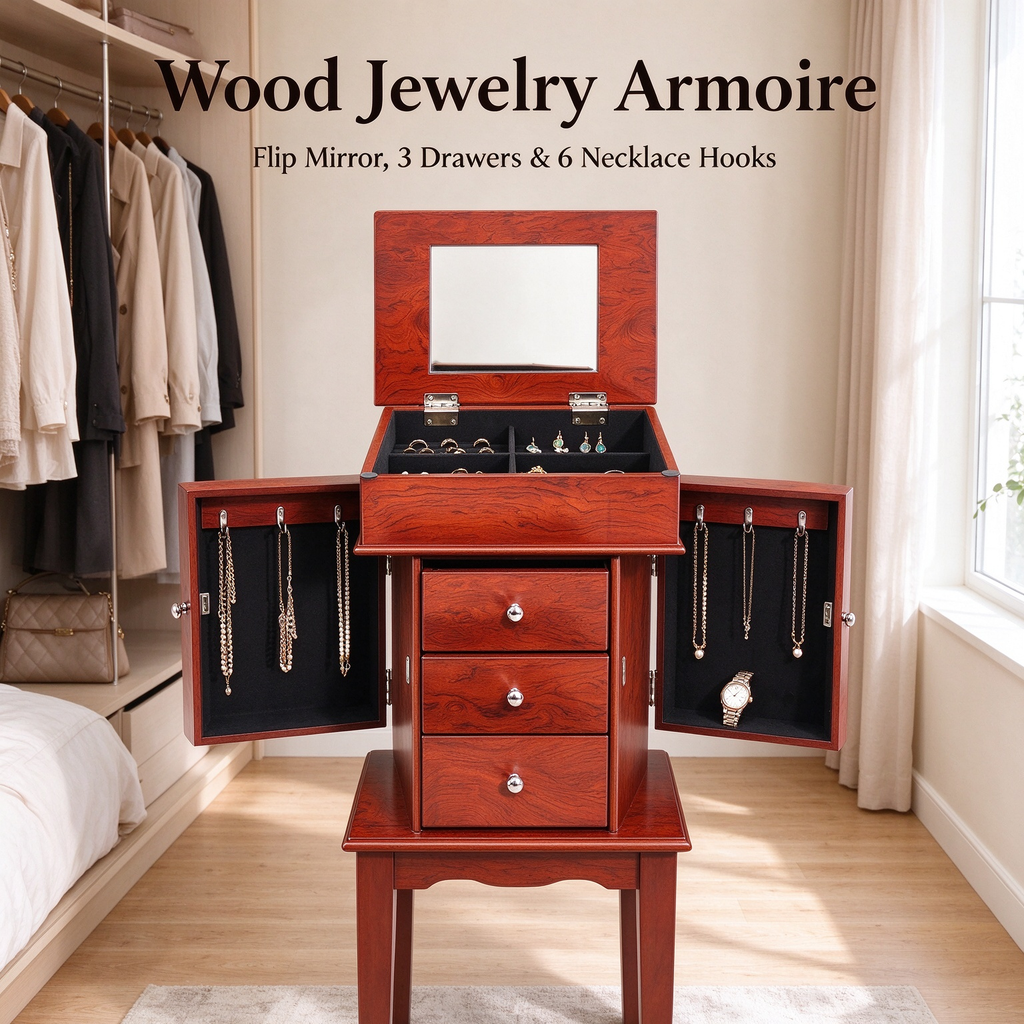 Standing Wood Jewelry Armoire Cabinet, Flip‑Top Mirror, 3 Drawers, 4‑Compartment Top Storage, Zinc‑Alloy Handles, 2 Side Doors with 6 Necklace Hooks
