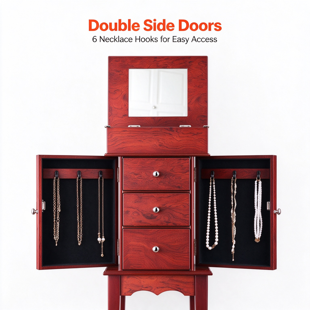 Standing Wood Jewelry Armoire Cabinet, Flip‑Top Mirror, 3 Drawers, 4‑Compartment Top Storage, Zinc‑Alloy Handles, 2 Side Doors with 6 Necklace Hooks