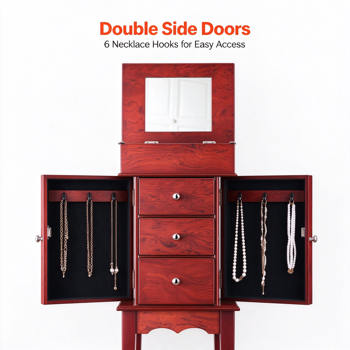 Standing Wood Jewelry Armoire Cabinet, Flip‑Top Mirror, 3 Drawers, 4‑Compartment Top Storage, Zinc‑Alloy Handles, 2 Side Doors with 6 Necklace Hooks
