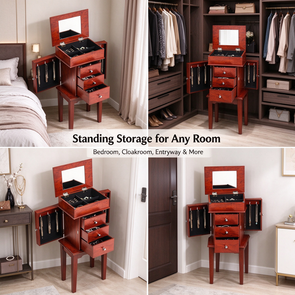 Standing Wood Jewelry Armoire Cabinet, Flip‑Top Mirror, 3 Drawers, 4‑Compartment Top Storage, Zinc‑Alloy Handles, 2 Side Doors with 6 Necklace Hooks