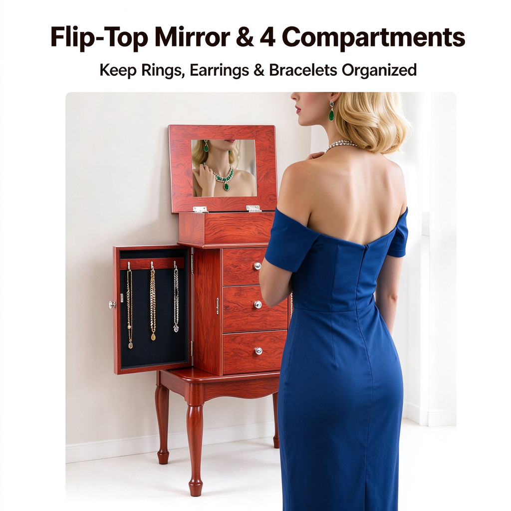 Standing Wood Jewelry Armoire Cabinet, Flip‑Top Mirror, 3 Drawers, 4‑Compartment Top Storage, Zinc‑Alloy Handles, 2 Side Doors with 6 Necklace Hooks