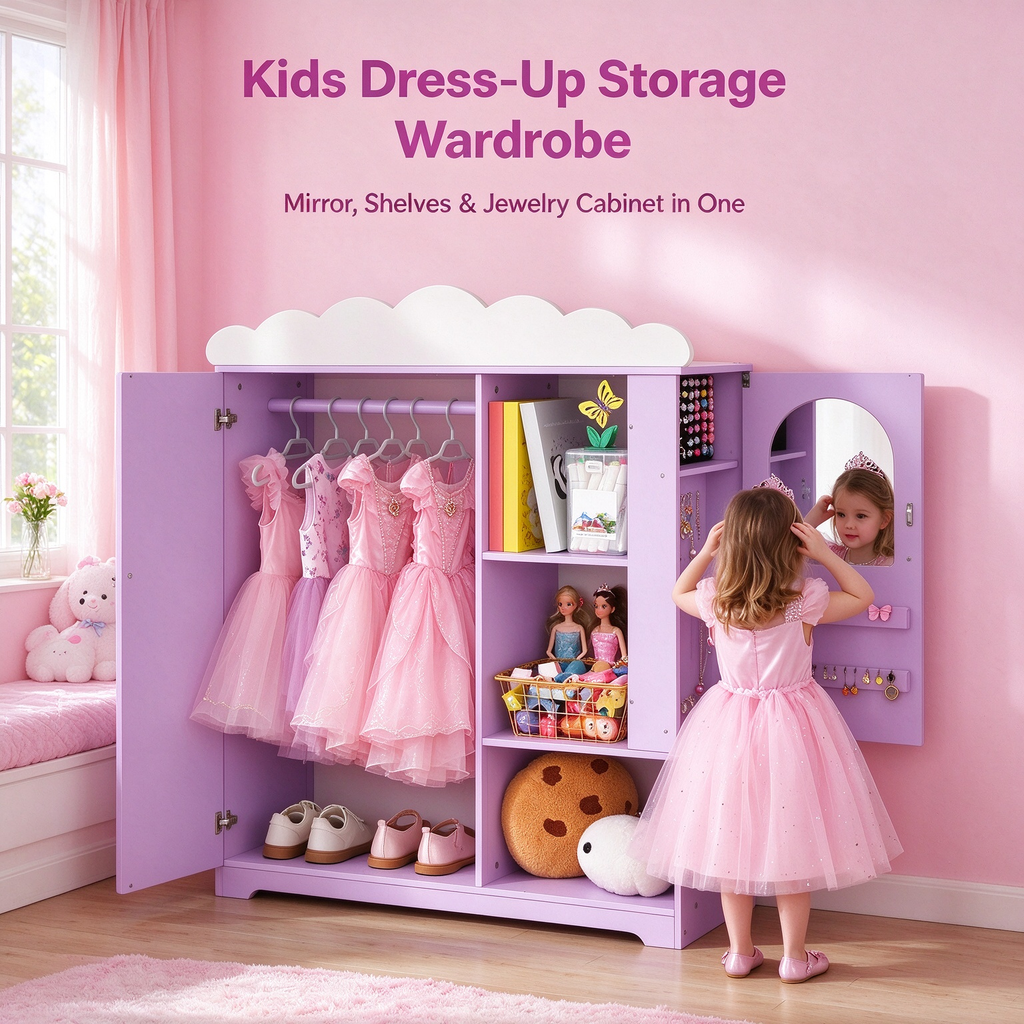 Kids Dress Up Storage Cabinet with Mirror & Shelves, Toddler Costume Organizer Armoire, Purple, for Bedroom & Playroom