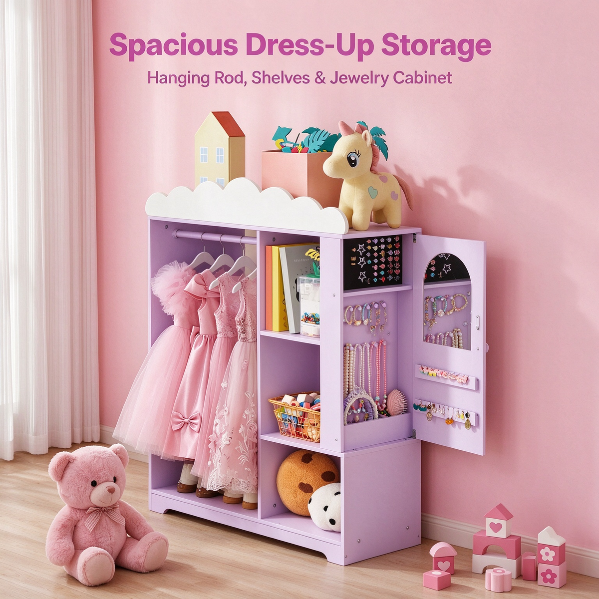Kids Dress Up Storage Cabinet with Mirror & Shelves, Toddler Costume Organizer Armoire, Purple, for Bedroom & Playroom