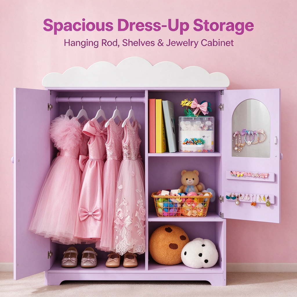 Kids Dress Up Storage Cabinet with Mirror & Shelves, Toddler Costume Organizer Armoire, Purple, for Bedroom & Playroom