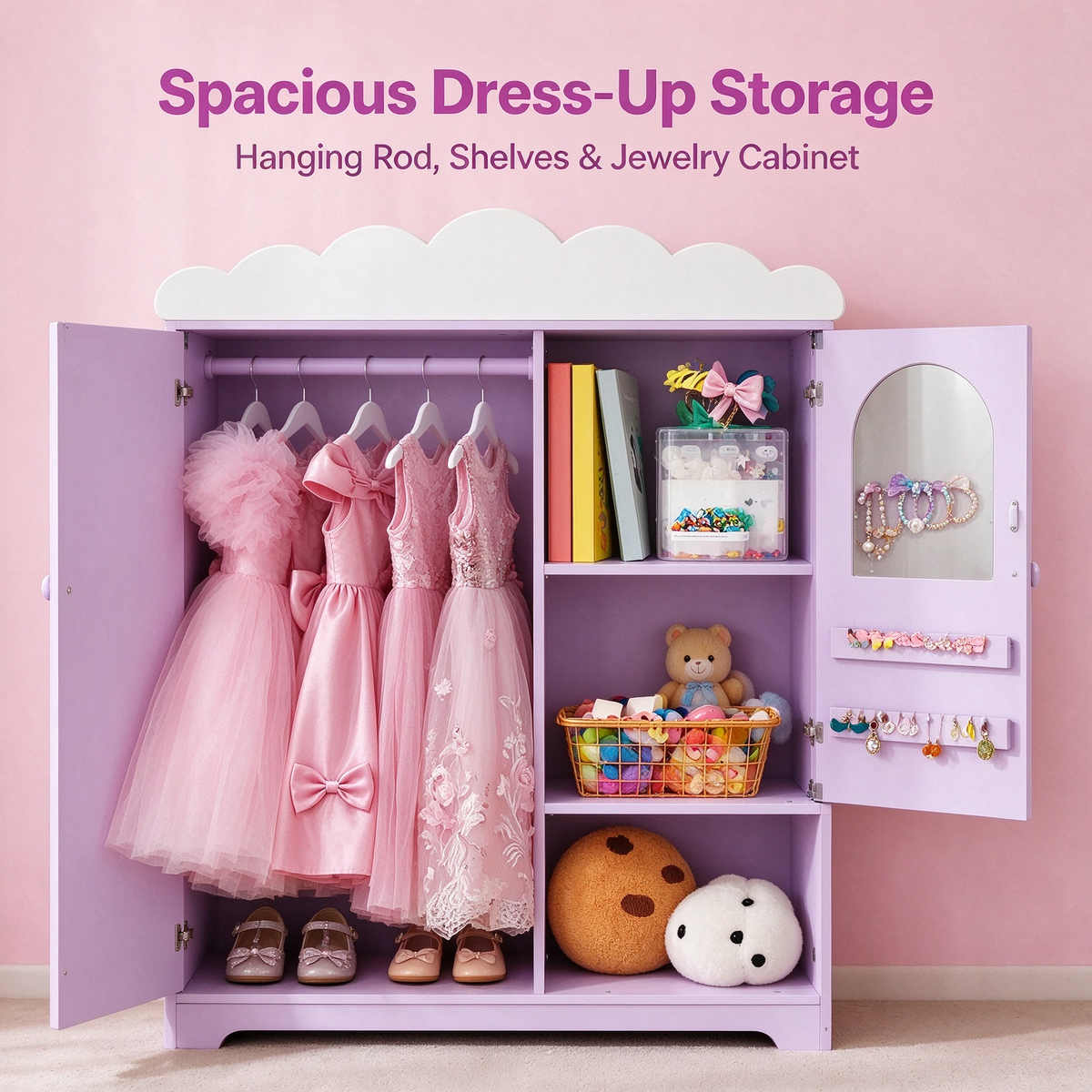 Kids Dress Up Storage Cabinet with Mirror & Shelves, Toddler Costume Organizer Armoire, Purple, for Bedroom & Playroom