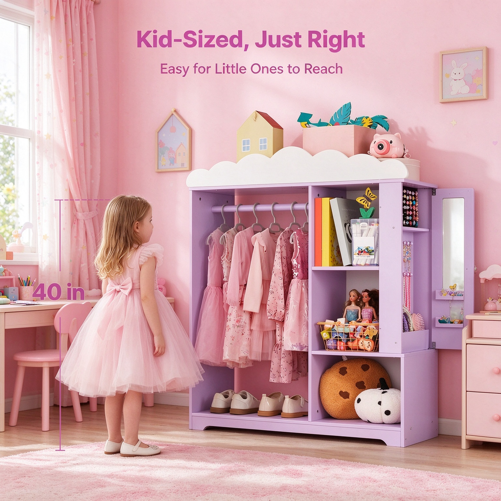 Kids Dress Up Storage Cabinet with Mirror & Shelves, Toddler Costume Organizer Armoire, Purple, for Bedroom & Playroom