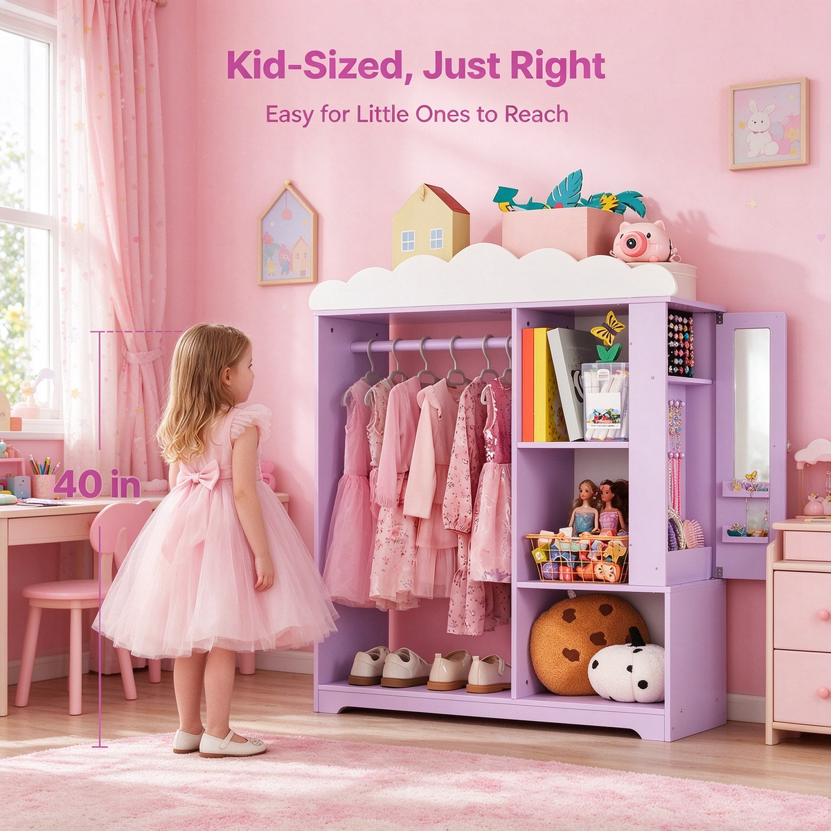 Kids Dress Up Storage Cabinet with Mirror & Shelves, Toddler Costume Organizer Armoire, Purple, for Bedroom & Playroom