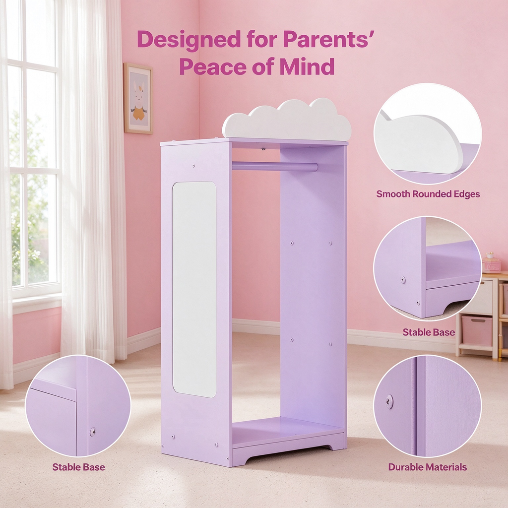 Kids Dress Up Storage Cabinet with Mirror & Shelves, Toddler Costume Organizer Armoire, Purple, for Bedroom & Playroom