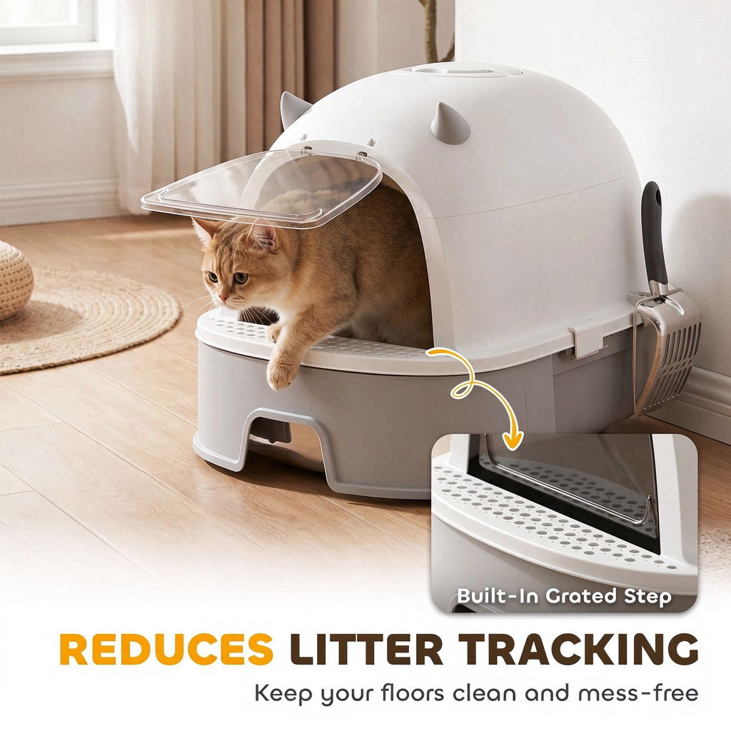 Gray Large Enclosed Stainless‑Steel Cat Litter Box with Slide‑Out Tray, Odor Control & Litter‑Tracking Reduction for Indoor Cats