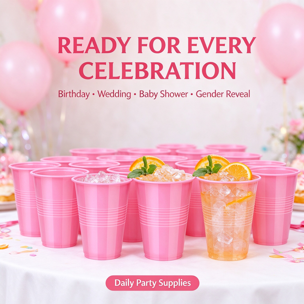 50-Pack 16oz Solid Pink Disposable Plastic Drinking Cups, Heavy Duty Party Drinkware for Birthday, Wedding, Baby Shower & Gender Reveal Parties