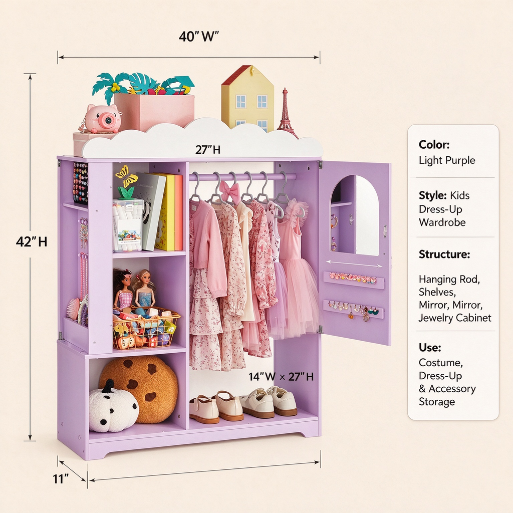 Kids Dress Up Storage Cabinet with Mirror & Shelves, Toddler Costume Organizer Armoire, Purple, for Bedroom & Playroom