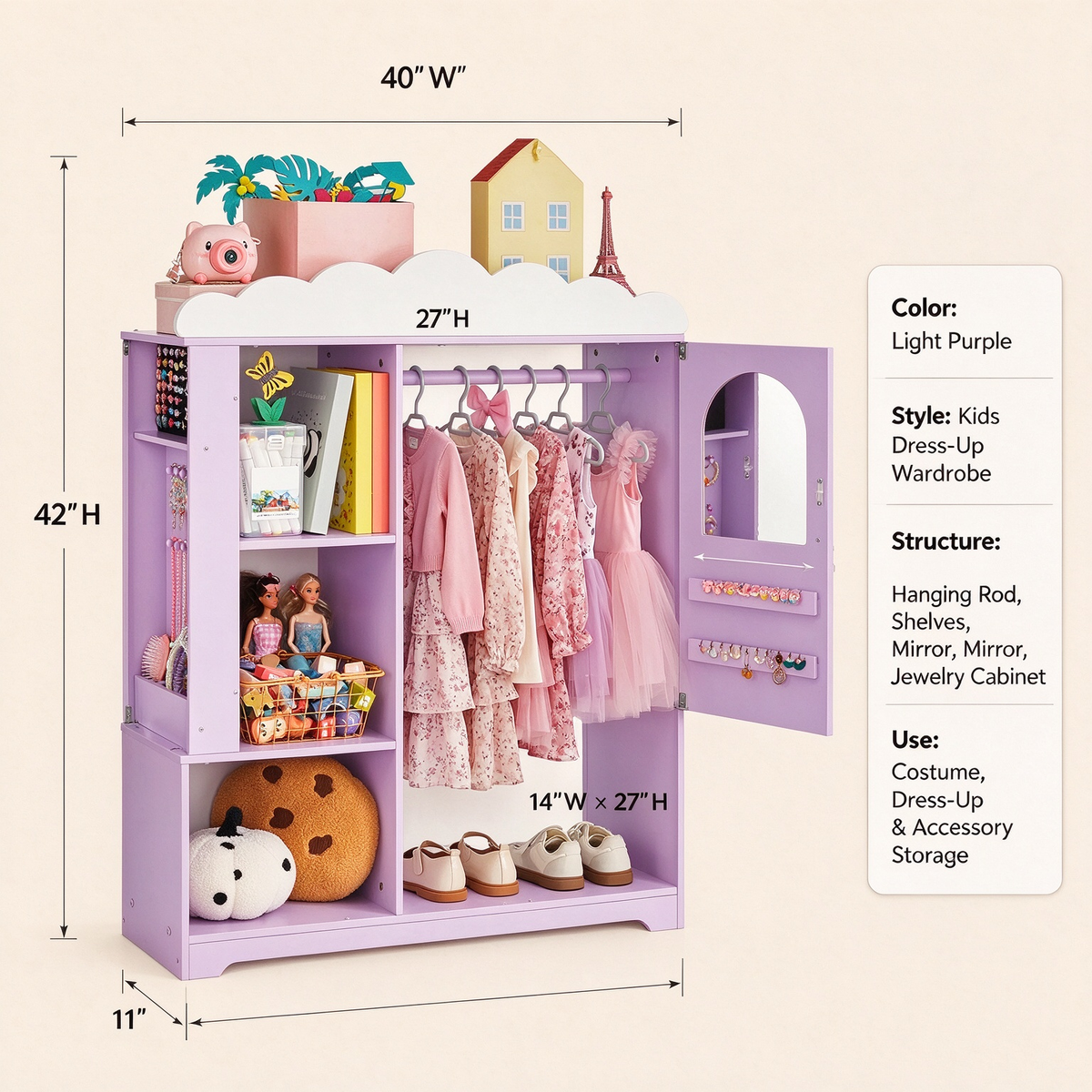 Kids Dress Up Storage Cabinet with Mirror & Shelves, Toddler Costume Organizer Armoire, Purple, for Bedroom & Playroom