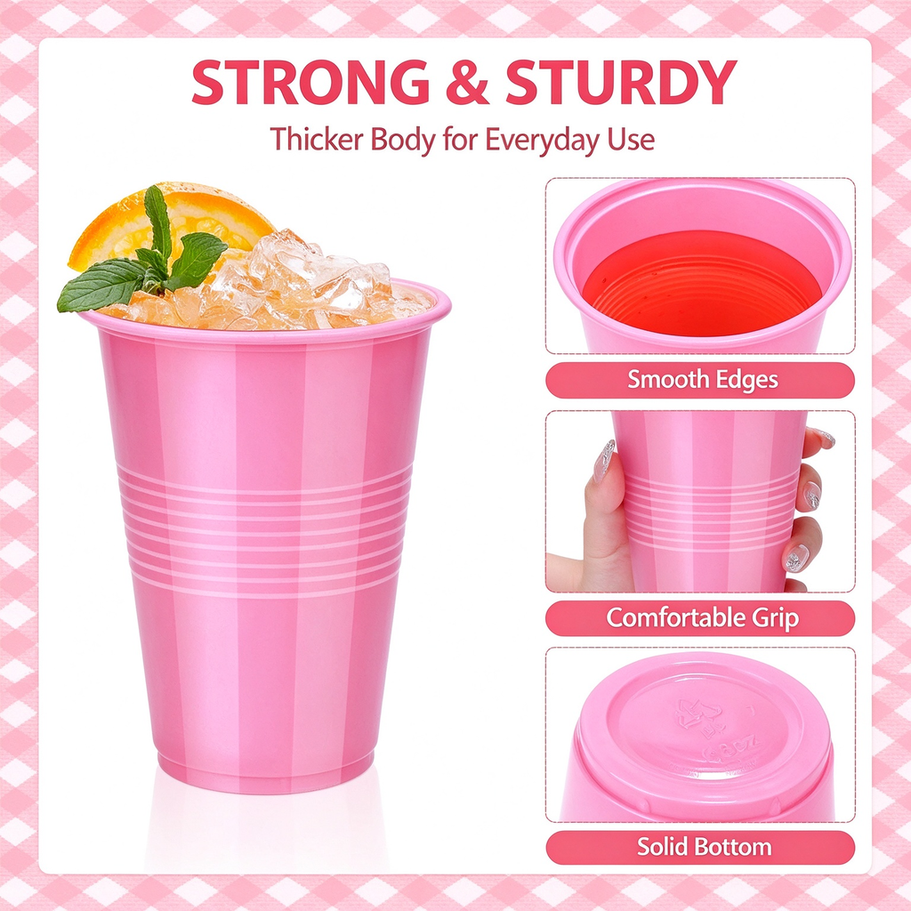 50-Pack 16oz Solid Pink Disposable Plastic Drinking Cups, Heavy Duty Party Drinkware for Birthday, Wedding, Baby Shower & Gender Reveal Parties