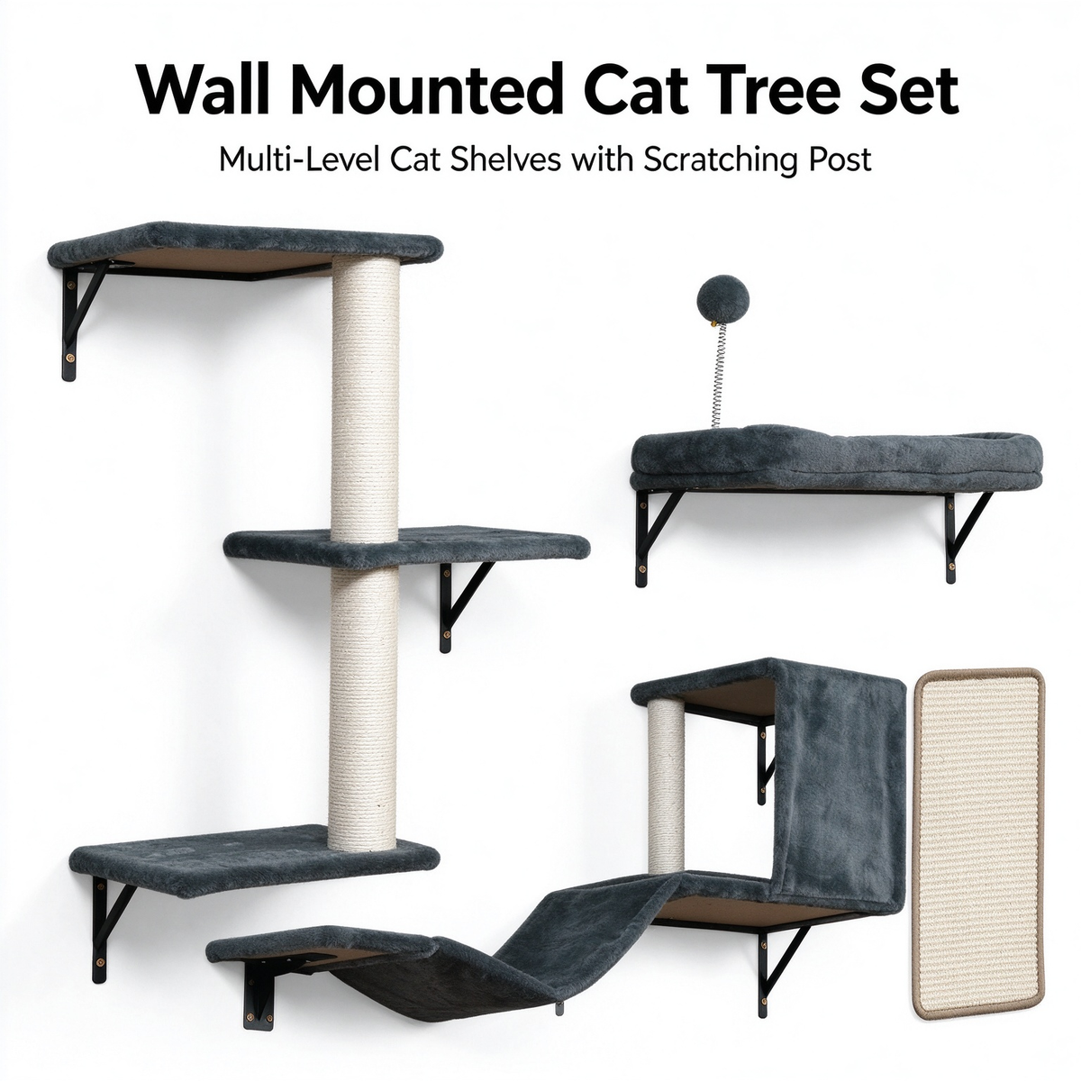 Wall Mounted Cat Tree Shelf Set, Grey Floating Cat Perch with Sisal Scratching Post & Cat Bed