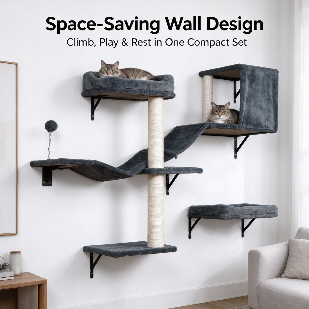 Wall Mounted Cat Tree Shelf Set, Grey Floating Cat Perch with Sisal Scratching Post & Cat Bed