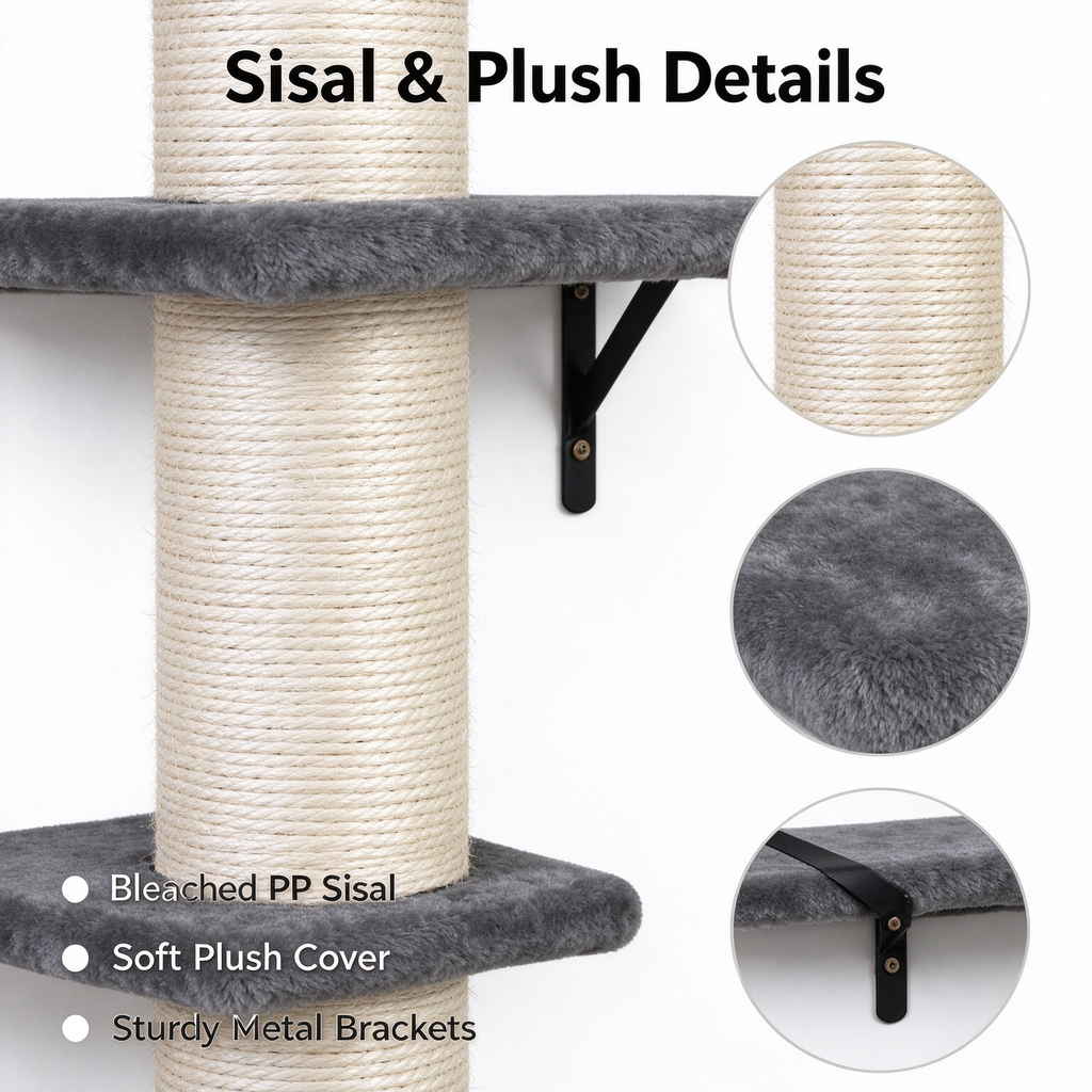 Wall Mounted Cat Tree Shelf Set, Grey Floating Cat Perch with Sisal Scratching Post & Cat Bed