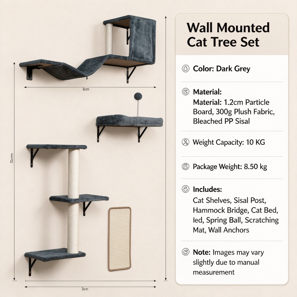 Wall Mounted Cat Tree Shelf Set, Grey Floating Cat Perch with Sisal Scratching Post & Cat Bed