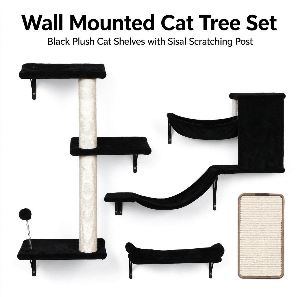Wall Mounted Cat Tree Set, Wall Cat Shelves with Sisal Scratching Post & Toy Ball, Black Floating Cat Perch for Indoor Cats