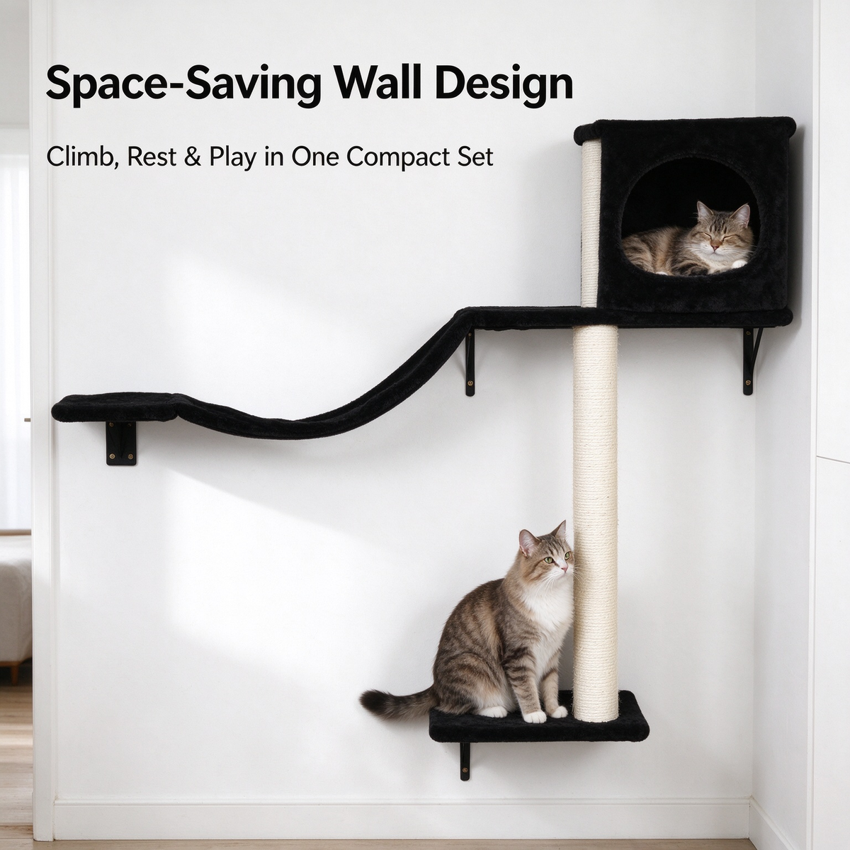 Wall Mounted Cat Tree Set, Wall Cat Shelves with Sisal Scratching Post & Toy Ball, Black Floating Cat Perch for Indoor Cats